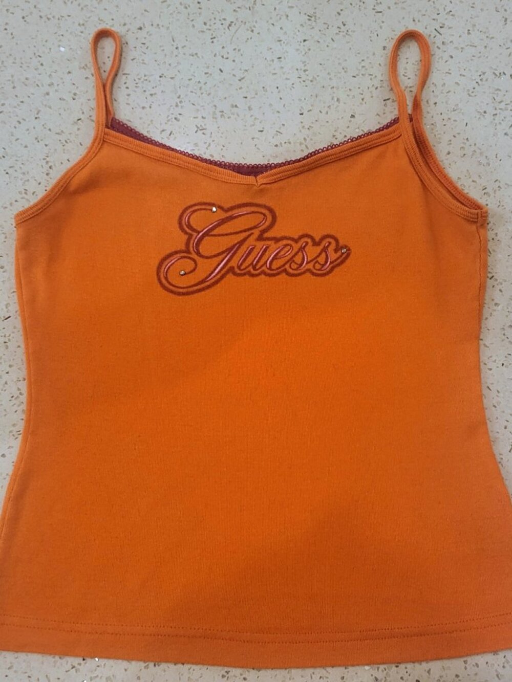 GUESS Jeans Tank Top Vest XL Airbrush Logo Orange and Pink